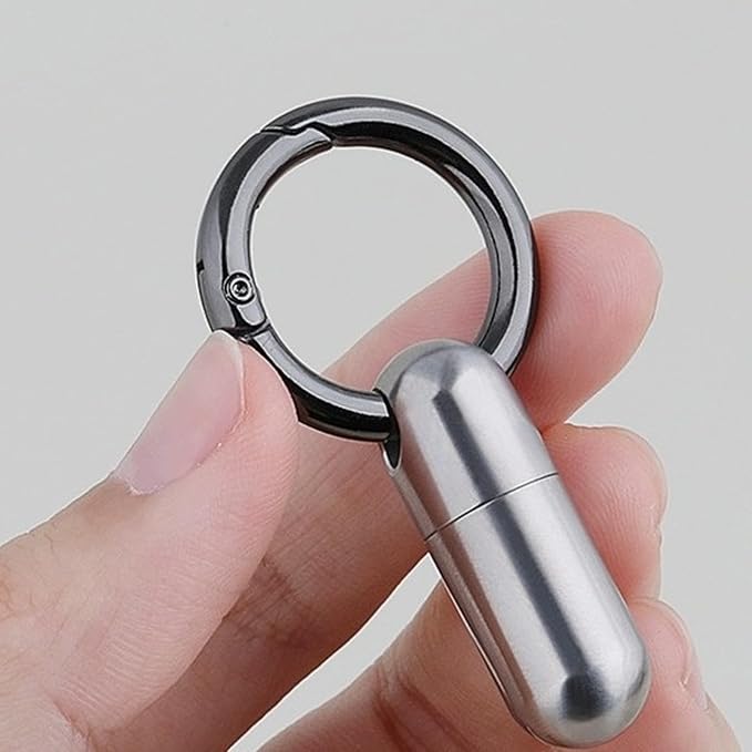 1Pcs Tiny Pill Case Keychain - Portable Micro Pill Holder for Travel, Waterproof Small Pill Box Organizer for Purse/Pocket, Emergency Medicine Container (Silver)