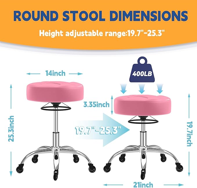 YEEZEE Rolling Stool Heavy Duty 400lb: Super Soft Leather Seat Cushion, 360 Swivel, Height Adjustable 19.7"-25.3", No Squeaky Noises, No Tip Over, Salon & Spa Stool, Pink