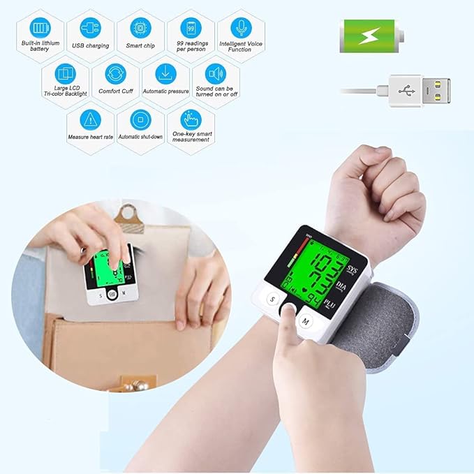 Wrist Blood Pressure Monitor, Automatic Digital Home BP Monitor Cuff - Accurate, Intelligent Voice, LCD Tri-Color Backlight, USB Charging, Adjustable Cuff, Irregular Heartbeat & Hypertension Detector