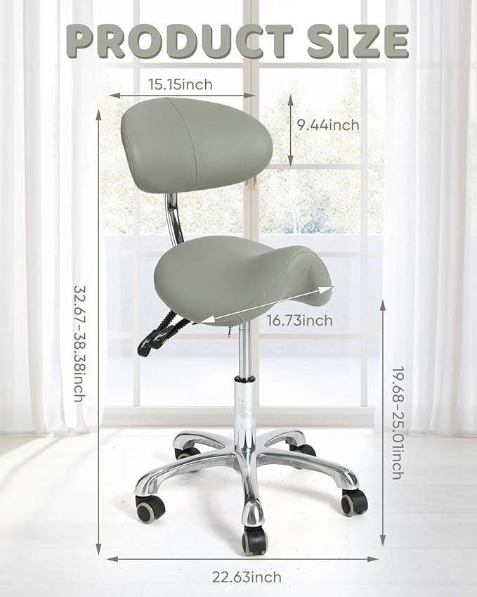 Adjustable Saddle Stool, ergonomically Designed Rotating Saddle Stool with Back Support, Rotating Rolling Base, Grey