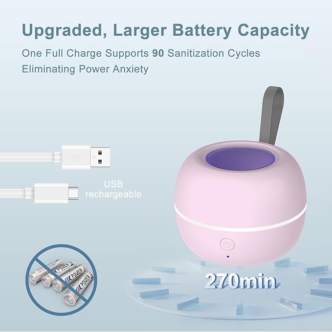 Upgraded Portable Pacifier Sanitizer, UV Light Sanitizer Box, 99.99% Cleaned in 3 Minutes, 90 Disinfection Cycles, USB Rechargeable, Baby Pacifier Sanitizer On the Go (Large Pink)
