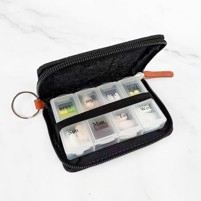 Pill Case for Vitamin and Supplement Organizer, EFFIET 7-Day Portable Cute Little Pill Box with Fabric Cover (Dark Grey)