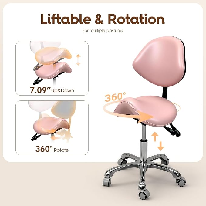 Saddle Stool Rolling Chair for Medical Massage Salon Kitchen Spa Drafting,Adjustable Hydraulic Stool with Wheels (Pink, with Backrest)