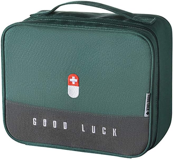 First Aid Kit Bag Empty Travel Medication Pouch Big Zippered Oxford Medical Survival Kit Carrier Handy Medicine Pills Drugs Package Organizer with 5 Pocket+1 Main Holder-9.8x7.9x5.3Inch (Green-L)