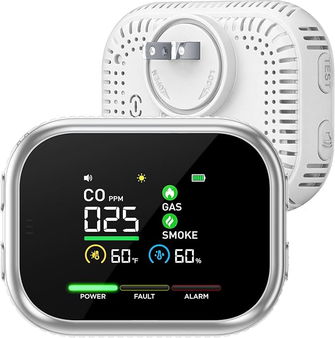 6 in 1 Carbon Monoxide Detectors, Plug-in Gas and Smoke Alarm with Magnetic Base and Backup Battery, Portable Gas Leak Detector Featuring Large LCD Display and Audible/Visual Alarms for Home, RV(Gray)