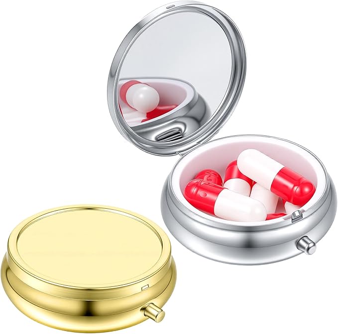 Sibba Small Pill Case, 2Pcs Portable Medicine Box for Purse & Pocket, Dose Pill Organizer Waterproof Metal Pastillero for Vitamins Fish Oil Supplements, Gold Silver