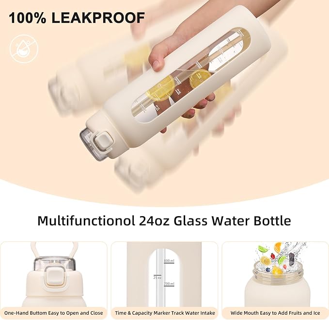 24 oz Glass Water Bottles with 2 Lids-Handle Spout Lid & Straw Lid, Motivational Water Bottle with Time Marker and Silicone Sleeve,Leakproof-White-1 Pack