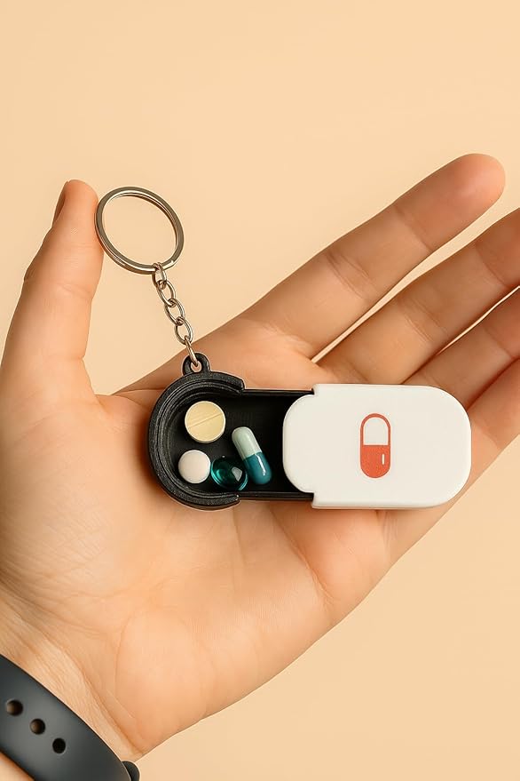 Keychain Pill Box Daily Medicine Carrying Tiny Keychain Vitamin Box (Black)