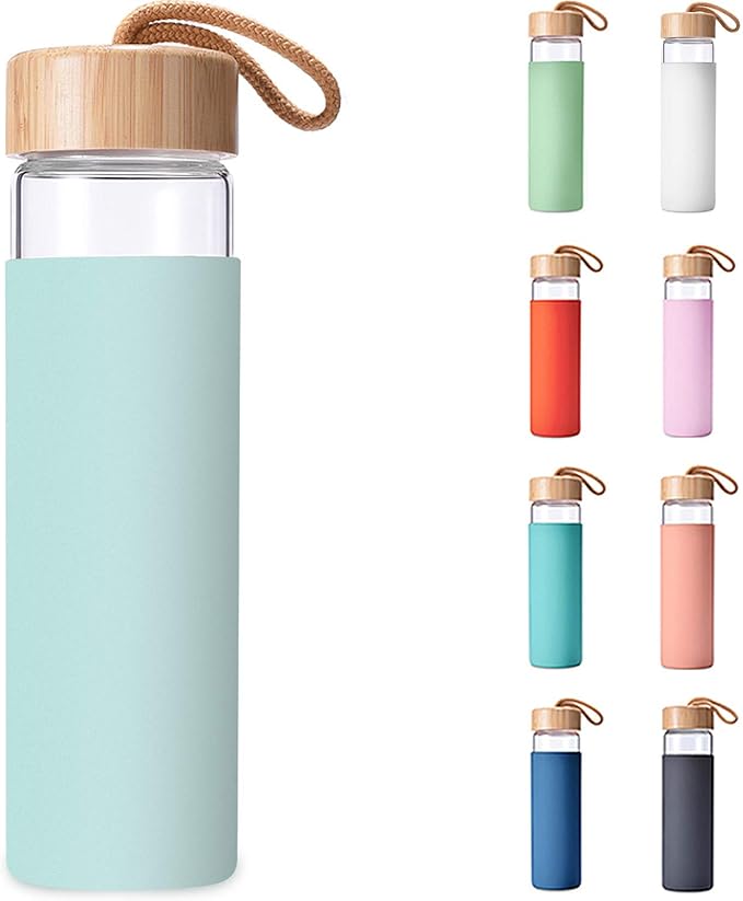 20 Oz Borosilicate Glass Water Bottles with Silicone Sleeve BPA Free, Dishwasher Safe - Reusable Clear Glass Drinking with Leak Proof Bamboo Lid | Perfect Gym Water Bottles for Men & Women