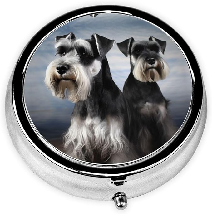 Pill Box 3 Compartment Medicine Pill Organizer Animal Schnauzer Dog Round Pill Case for Purse & Pocket Travel Pillbox Portable Metal Medicine Vitamin Fish Oil Organizer Unique Gift