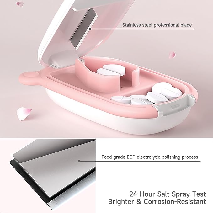 MURRI&MURRDI Small Pill Cutter and Organizer for Small or Large Pills, Portable Medicine Cutter for Pocket Purse, Pill Holder Cutter for Vitamins, Tablets, Medications, Pink