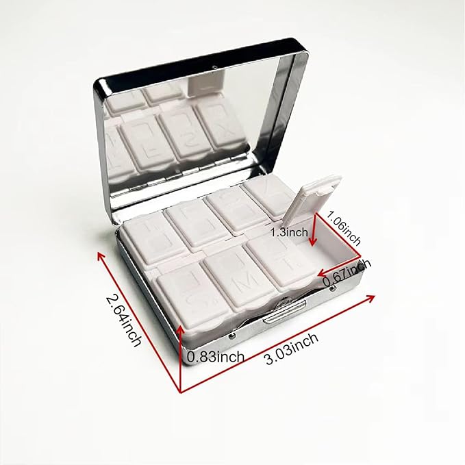 Silver Vintage Pill Box 7 Day Metal Pill Box with Mirror and 8 Compartments Cute Travel Pill Organizer for Purse (Eye of Newt)