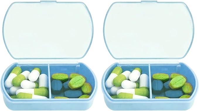 2PCS Small Pill Case Travel Pill Box Cute Pill Organizer for Purse Portable Daily Medicine Organizer 2 Compartment Pill Holder for Vitamins, Fish Oil, Supplements