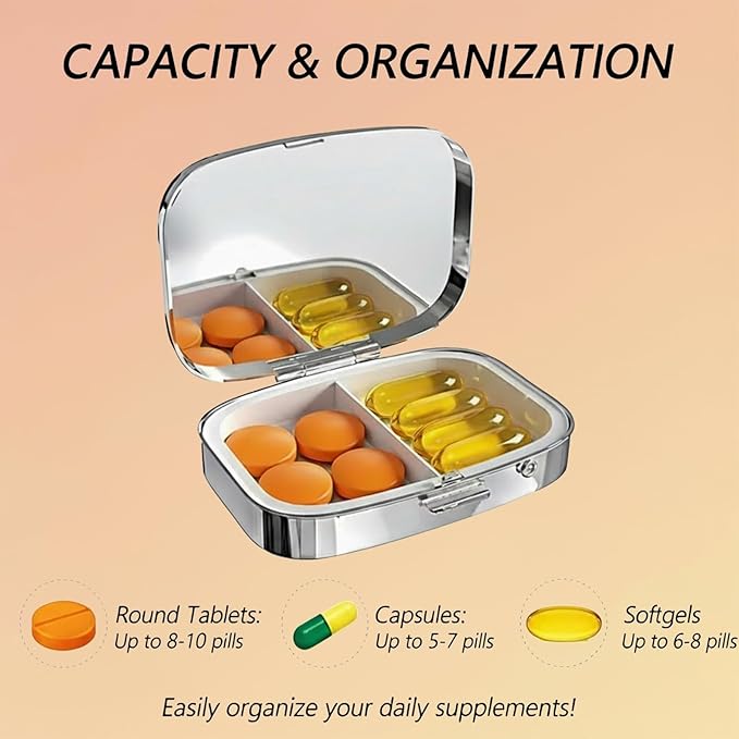 Square Pill Case Small Pill Box with Mirror Pocket 2 Compartment Vitamin Pill Medicine Case Organizer Pill Containers for Traveling