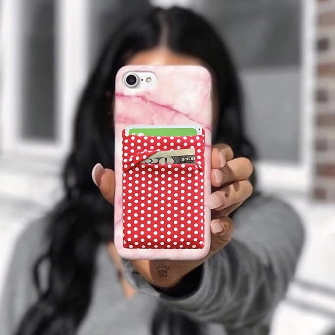 RFID Blocking Phone Card Wallet Stretchy Lycra Wallet Pocket Credit Card ID Case Pouch Sleeve Adhesive Sticker Compatible with iPhone Samsung Galaxy Android Smartphones (Polka Dot Red)-2PC