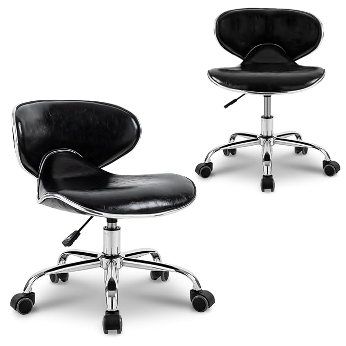 Paddie Pedicure Stools for Nail Tech Set of 2, Salon Spa Stool Back Support Short Height Adjustable Hydraulic Swivel Chair, Perfect for Massage/Tattoo/Esthetician/Shop, Black