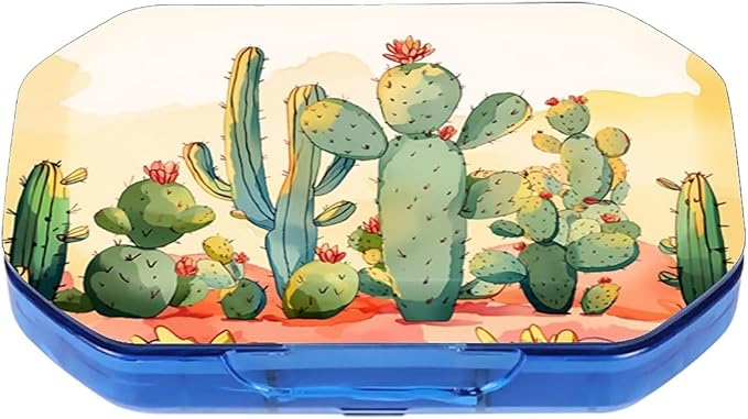 This Portable Cacti in The Desert Pattern 6 Compartment Pill Box Can Be Placed in A Pocket Or Wallet to Store Vitamins, Medicines Health Supplements Other Medications.
