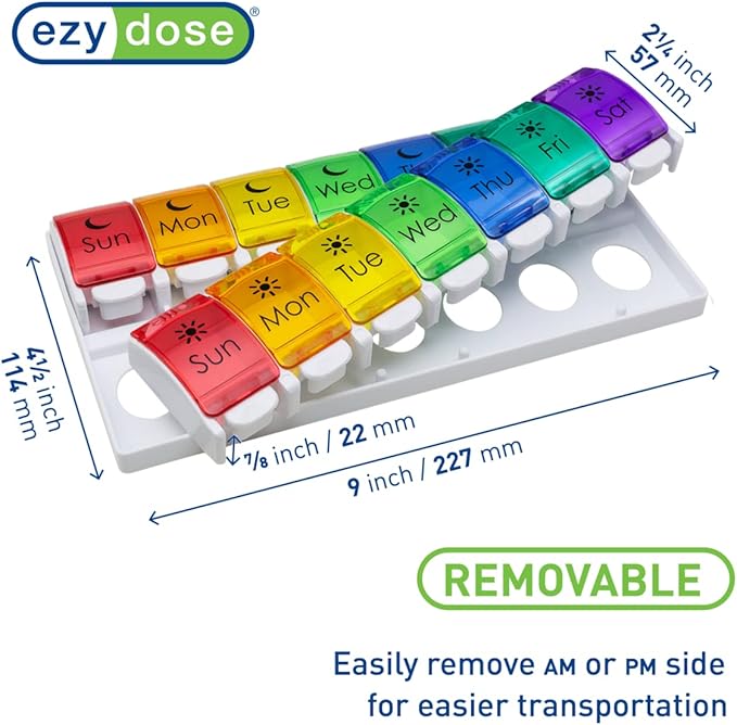 EZY DOSE Weekly (7-Day) Pill Case, Medicine Planner, Vitamin Organizer, 2 Times a Day AM/PM, Removeabale Trays, Large Push Button Compartments, Easy to Use, Arthritis Friendly, Rainbow Lids, BPA Free
