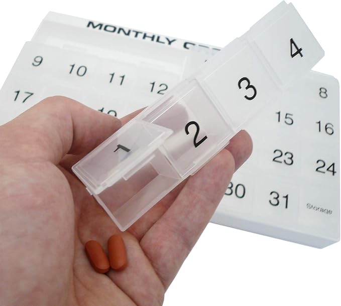31 compartments, 1 per Day, 4 Week Monthly Pill Organizer by Promed. Includes Tray and 8 Removable compartments. (Green)