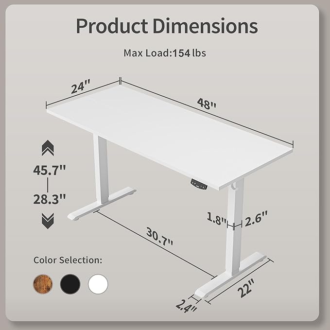 Agilestic Electric Standing Desk, 48 x 24 Inches Height Adjustable Desk, Sit Stand up for Work Office Home, Ergonomic Rising Computer Table with Memory Preset, White