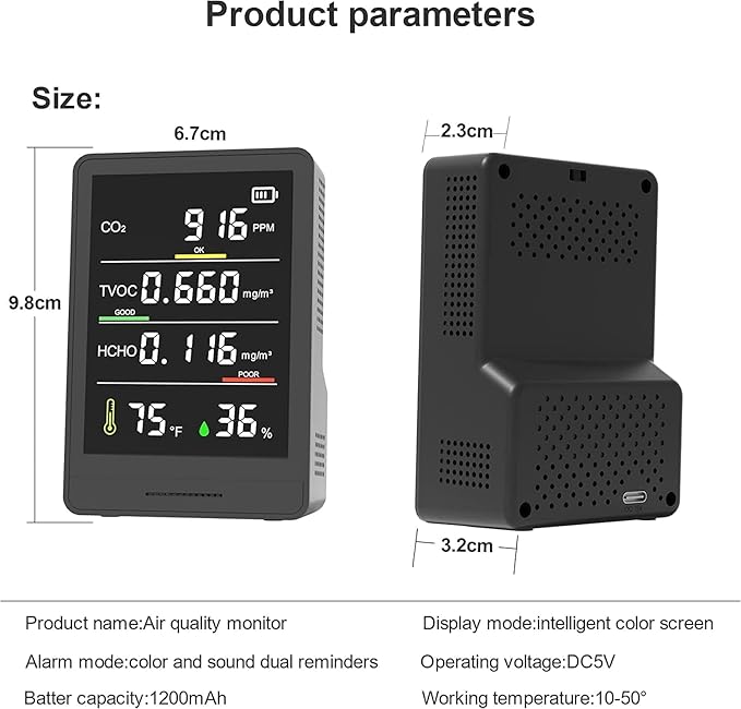 5-in-1 Air Quality Monitor Indoor with Buzzer Alarm, C02 Monitor, Temperature/Humidity/TVOC/HCHO Detector, Battery Powered Air Quality Tester for Home Office or School