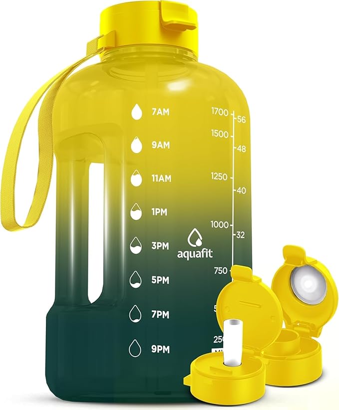 AQUAFIT 64 oz Water Bottle with Time Marker - Straw & Chug Lid - BPA Free Half Gallon Gym Water Bottle with Handle - Big Gallon Jug (Forest Fade, 64 Ounces)