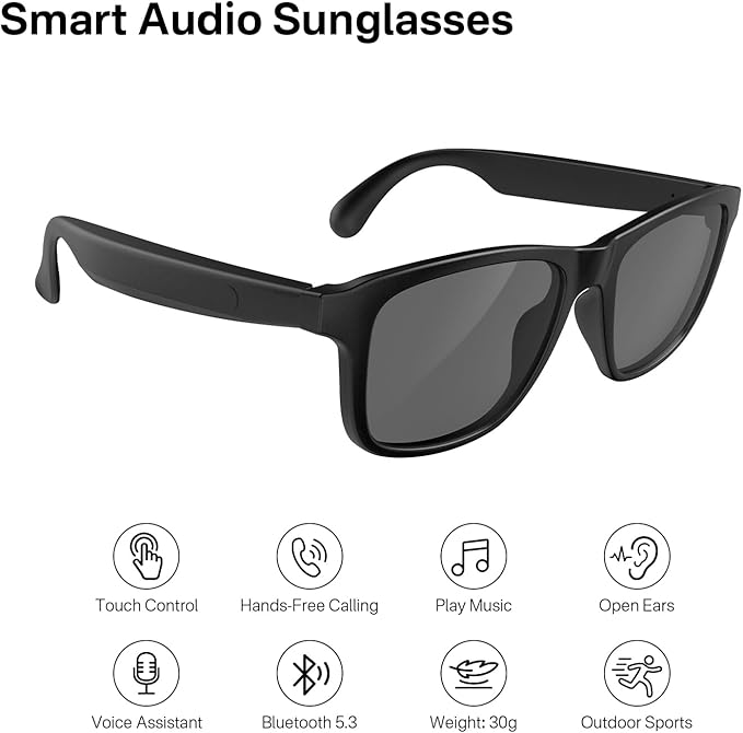 Smart Glasses for Men & Women, UV400 Polarised Lenses, Intelligent Touch&Voice Assistant, Open-Ear Speaker, Compatible with iOS/Android, Bluetooth Audio Sunglasses for Driving/Travel/Cycling