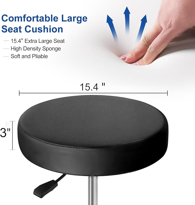 JMU Rolling Stool with Wheels, PVC Leather Large Seat Stool, 400lbs Weight Capacity, Heavy Duty Adjustable Height for Medical Tattoo Office Lab Dentists Healthcare (Black)