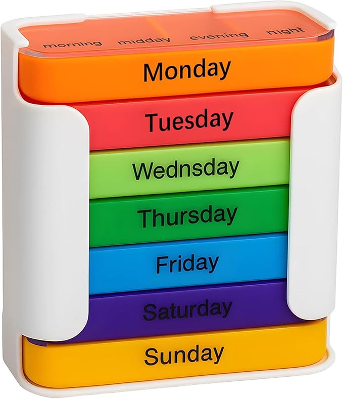 Stay on Track - 7-Day Medication Organizer, Weekly Pill Organizer, 7 Stackable Compartments Four Times-a-DayWeekly Individual Medicine Pill Boxes Cases Organizers with Large Compartments (White-2)