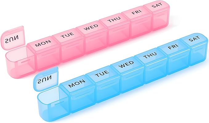 Daviky 2 Pack Weekly Pill Organizer, Large Pill Box 7 Day, AM PM Travel Medicine Case, Portable Pill Container for Vitamins, Supplements & Medications - Blue & Pink