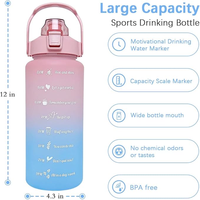 64 oz Large Capacity Water Bottle with Motivational Time Markers and Straw, Portable, Leakproof, BPA Free for Fitness, Gym and Outdoor Sports. (Pink)
