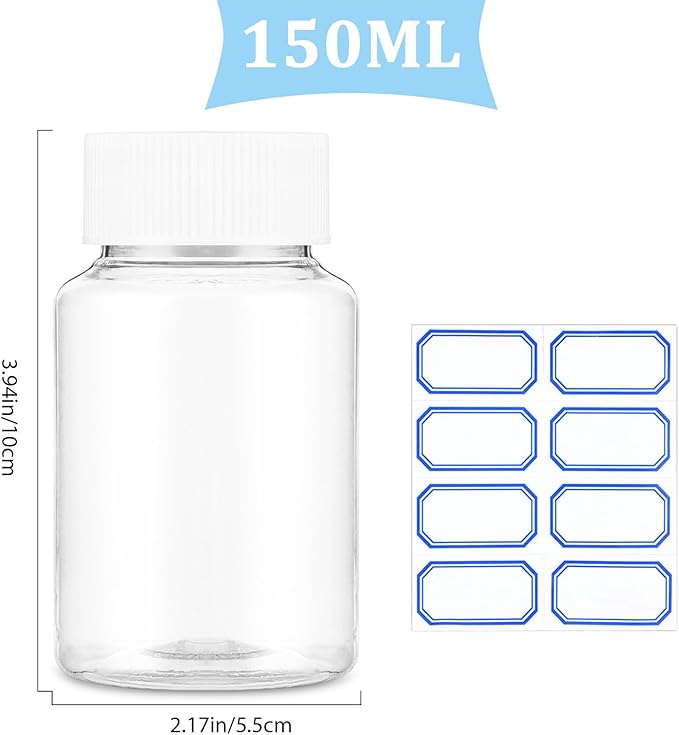 Sibba Clear Pill Bottle 6 Pcs Empty Medicine Organizers 150ML Jar Powder Box Storage Transparent Reagent Containers Plastic Dispenser Leak Proof Caps Receptacle for Toiletries Counter Labels