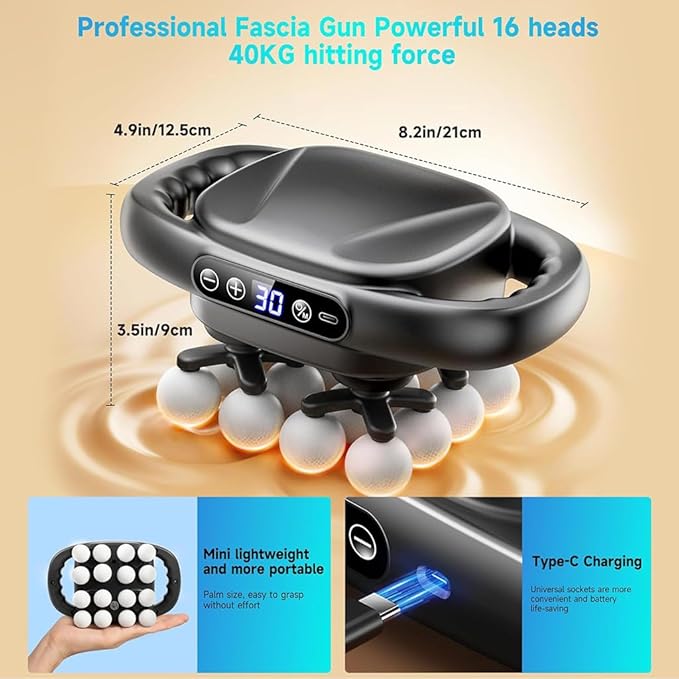 16 Head Massage Gun Deep Tissue - Electric Percussion Massager with Multi Ball Heads, Cordless Handheld Muscle Massage Tool for Back, Neck, Shoulder & Body Pain Relief, Gift for Athletes & Adults