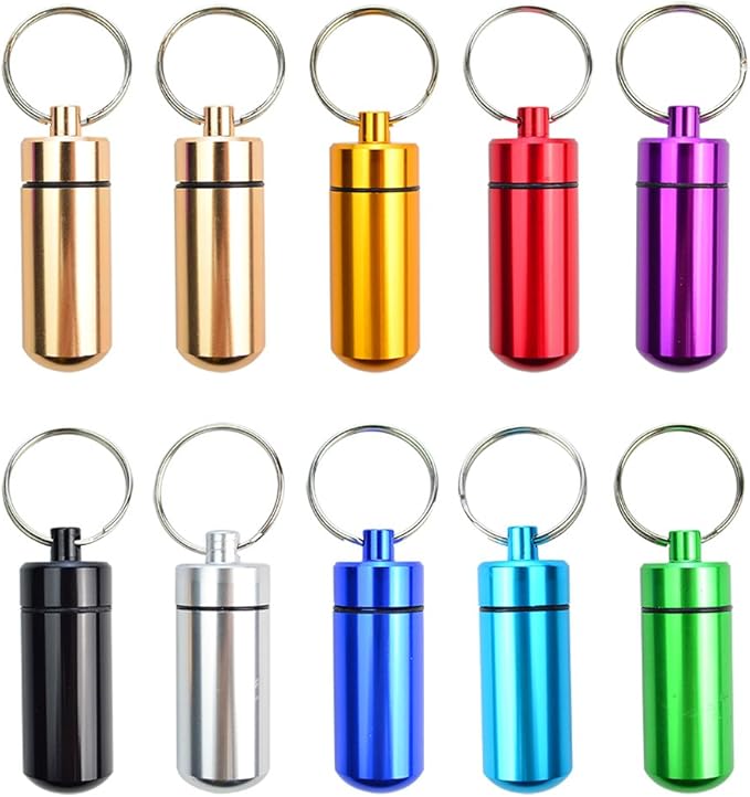 10 Pcs Portable Pill Case, Bantoye Waterproof Aluminum Holders Storage Container with Keychain for Outdoor Camping Traveling, Multicolor