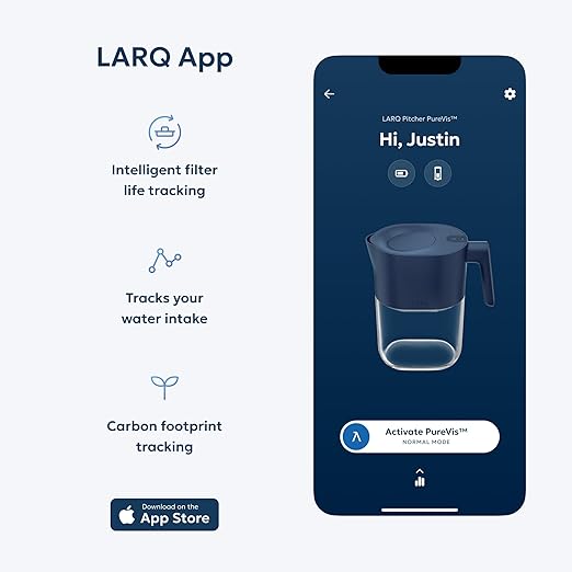 LARQ PureVis 3-in-1 Water Pitcher – Purifier, Filter & Tracking, 8-Cup Water Purifier Pitcher with Advanced Filter for Clean & Crisp Water – Removes Chlorine, PFAS, Lead & More – Monaco Blue