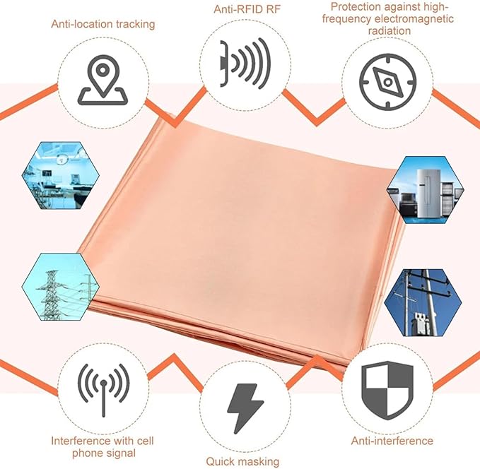Copper Fabric Blocking RFID/RF-Reduce EMF/EMI Protection Conductive Fabric for Smart Meters Prevent from Radiation/Singal/WiFi Golden Color 197"x43" inch with Free 40" L Conductive Adhesive Tape