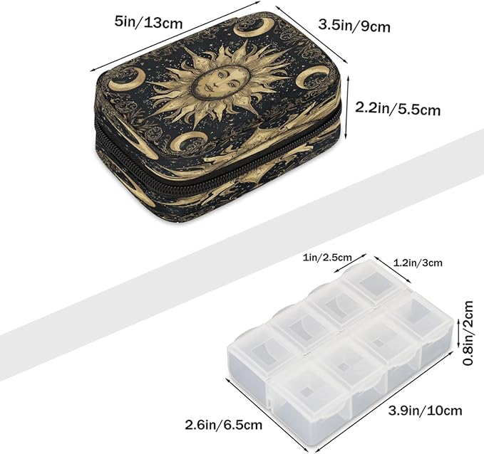 Golden Sun Moon Pill Case Travel Pill Organizer Weekly 7 Day Portable with Zipper Medicine Box Pill Case for Vitamins, Birth Control,Fish Oils,Medication, Supplements