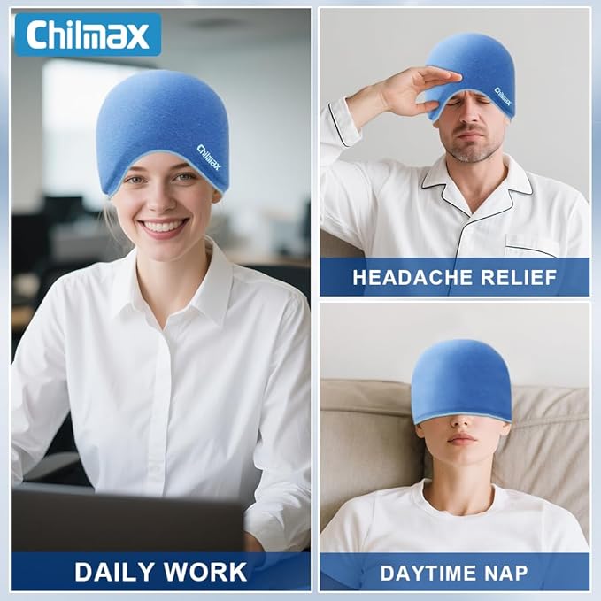 Migraine Relief Cap,Full Head Ice Hat Hot & Cold Gel Compress Pack with Face and Eye Mask,Headache Ice Pack Head Wrap for Hangover, Fever, Puffy Eyes,Tension, Sinus, Stress Relief (Blue)