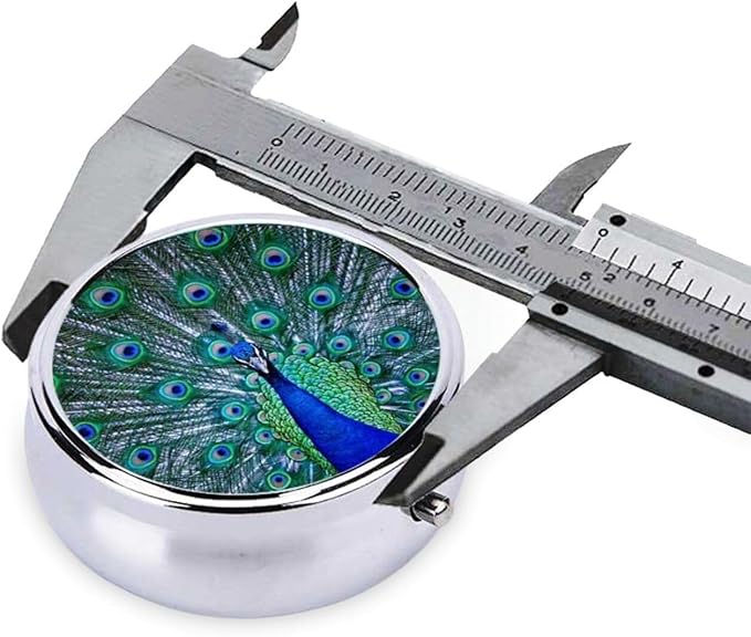 Men Women Round Pill Box Medicine Pill Case, Peacock Feather with Eye Birds Portable Medicine Tablet Vitamin Holder Organizer for Purse Pocket Travel Gift