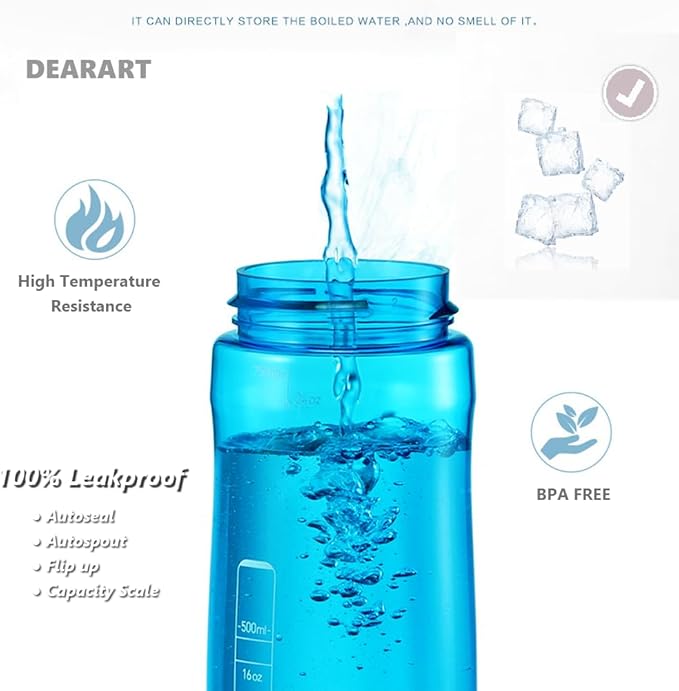 DEARART 24oz Water Bottles With Straw, 100% Leakproof BPA FREE Flip Up Lid Clear Bottle With Handle, Easy Carried Suit Office Sports Travel Gym Yoga, Light Blue