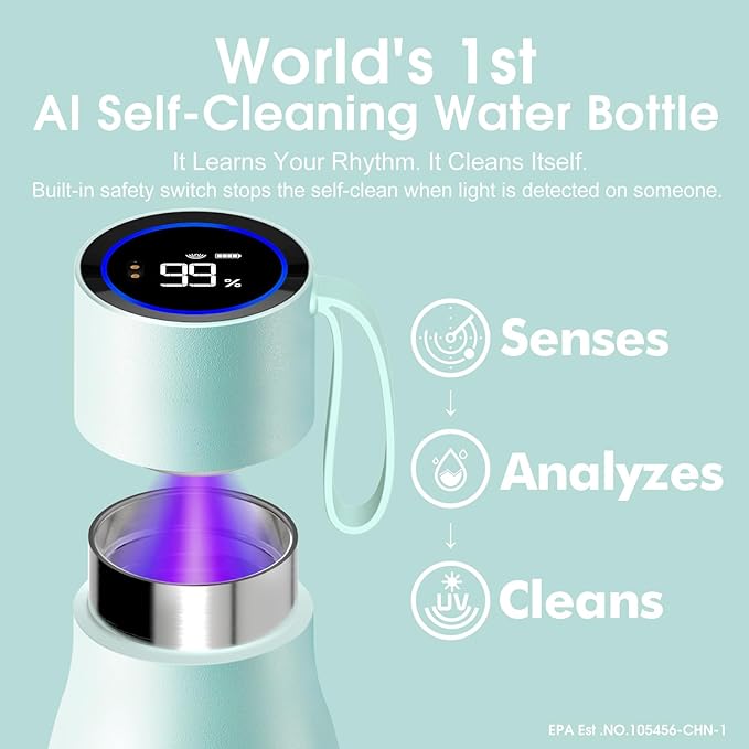 VSITOO 15oz Mini Smart Water Bottle，Self-Cleaning Insulated Bottle, Small Thermoses with AI, App & Touchscreen, Perfect Purse Water Bottle for Travel, Gym & Office, Blue