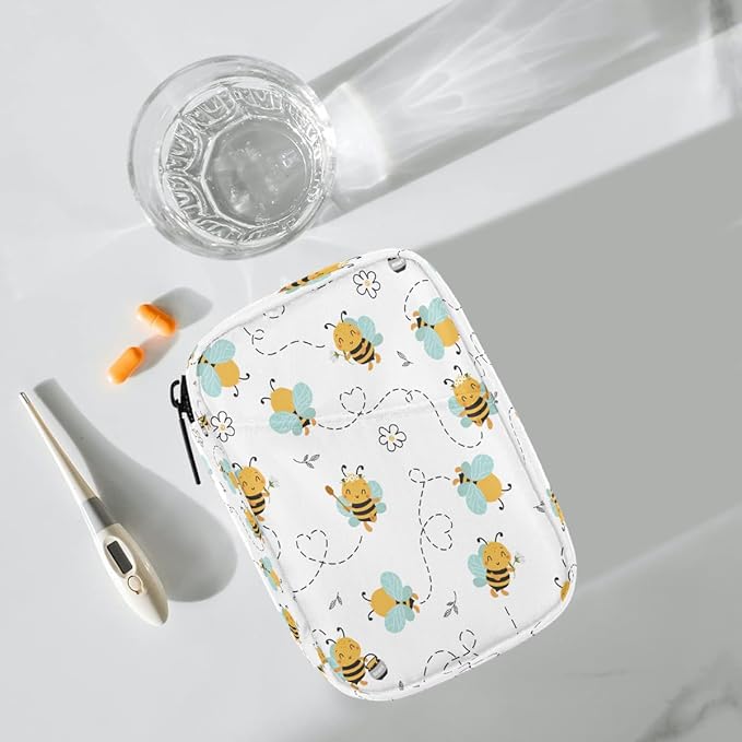 Bee Decoration Cute Flowers Pill Case Everyday Travel, 7 Day Weekly Medicine Pill Box Compact Portable Pills Bottle Organizer with Zipper for Daily Vitamin Medicine Holder Bottle Organizers Bag