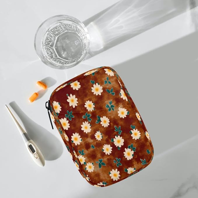 Floral Retro Brown Pill Case Everyday Travel, 7 Day Weekly Medicine Pill Box Compact Portable Pills Bottle Organizer with Zipper for Daily Vitamin Medicine Holder Bottle Organizers Bag