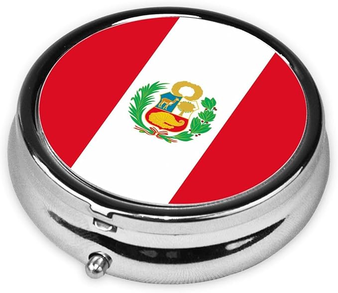 Round mini Pill Box, 3 partitions, Portable Pill Box, can be Put into Wallet, Pocket, Light and Convenient Flag of Peru Pattern