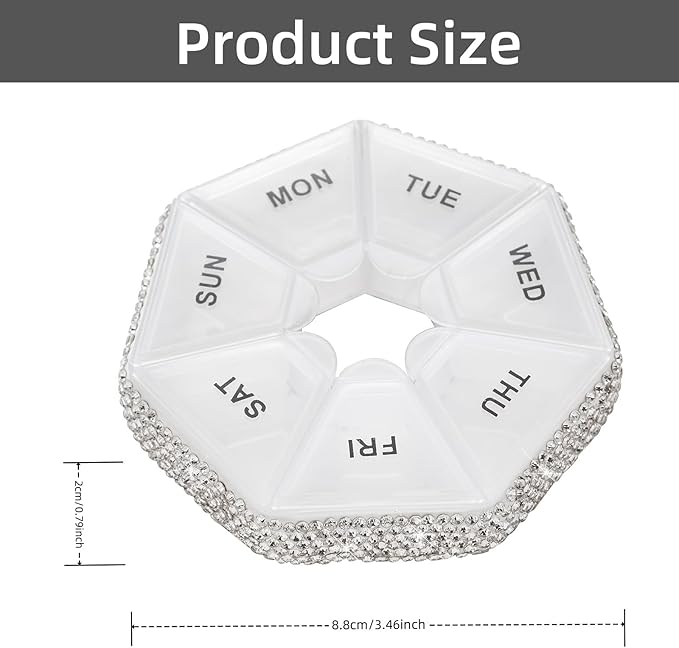 Round Pill Organizer Small Weekly Pill Case for Purse Bling Cute Medicine Pill Box Compact Vitamin Container 7 Day Daily Pill Holder Planner(White)