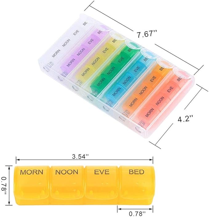 Travel Pill Organizer Weekly Pill Planner for Pill and Vitamin Each Week, 4 Times a Day Medication Reminder, Easy to Read Monday to Sunday, AM PM Small Compartment for Purse