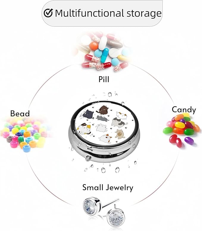 3 Compartment Travel Pill Case, Sealed Portable Pill Container Mini Size Metal Pill Box for Pocket Purse, Three Times a Day Pill Organizer for Children, Men and Women - Kawaii Cat