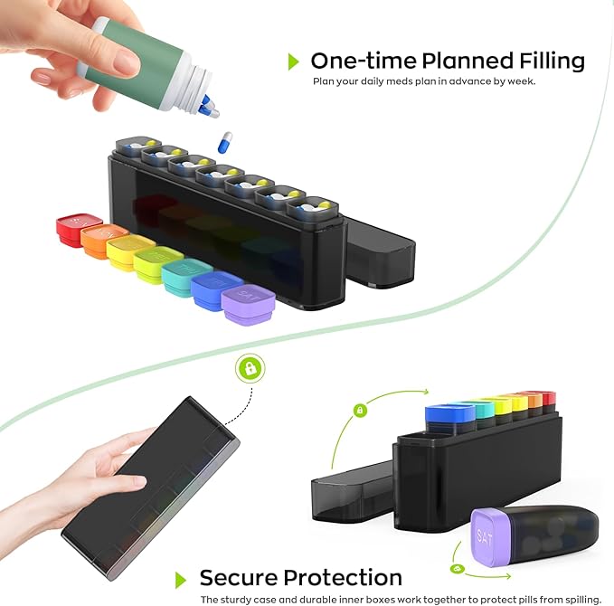 Weekly Pill Organizer 1 Time a Day, HIONXMGA Portable Detachable Travel Pill Box 7 Day, Large Once Daily Pill Holder Case, Color-Coded Dispenser for Vitamin Medicine Supplement Fish Oil, Black