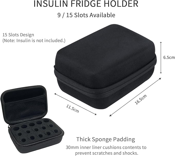 Insulin Vial Case for Travel, Fits 10ml/3ml Bottles, Hard Shell Insulin Bottle Storage Organizer with Foam Slots & Mesh Pocket, Diabetic Supplies Organizer for Home and On-The-Go (15 Slots)