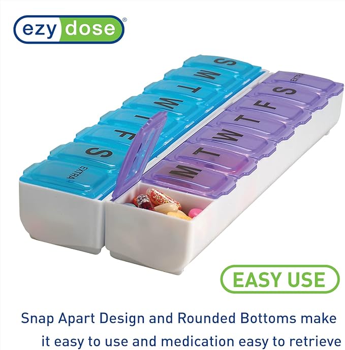 EZY DOSE Weekly (14-Day) Pill Organizer, Vitamin and Medicine Box, Large Snap Compartments, Easy-to-Open, BPA Free, Blue and Purple (Pack of 2)